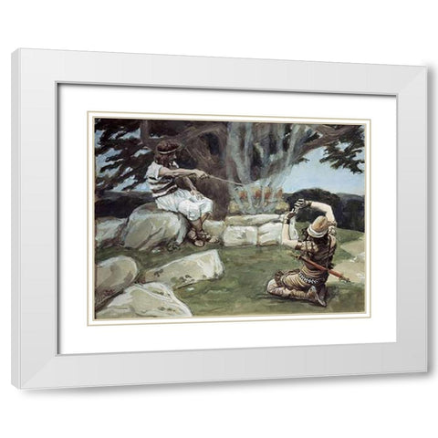 Angel Puts Fire On The Alter of Gideon White Modern Wood Framed Art Print with Double Matting by Tissot, James