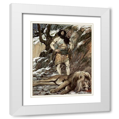 Benaiah, Who Slew The Lion White Modern Wood Framed Art Print with Double Matting by Tissot, James
