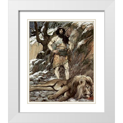 Benaiah, Who Slew The Lion White Modern Wood Framed Art Print with Double Matting by Tissot, James