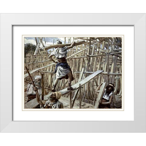 Building of The Ark White Modern Wood Framed Art Print with Double Matting by Tissot, James