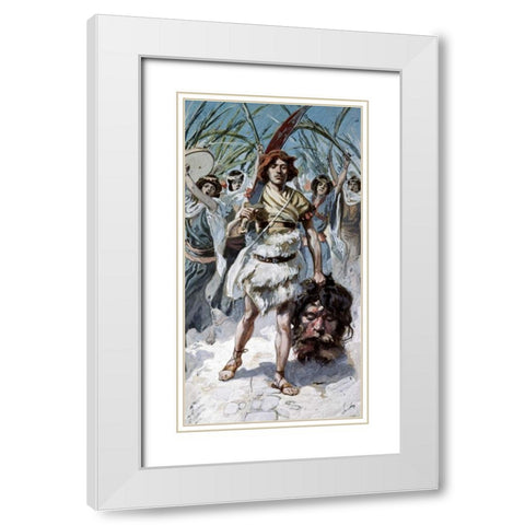 David Takes The Head of Goliath To Jerusalem White Modern Wood Framed Art Print with Double Matting by Tissot, James Jacques