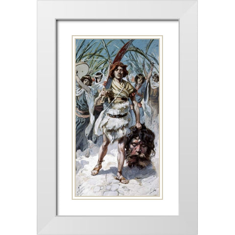 David Takes The Head of Goliath To Jerusalem White Modern Wood Framed Art Print with Double Matting by Tissot, James Jacques