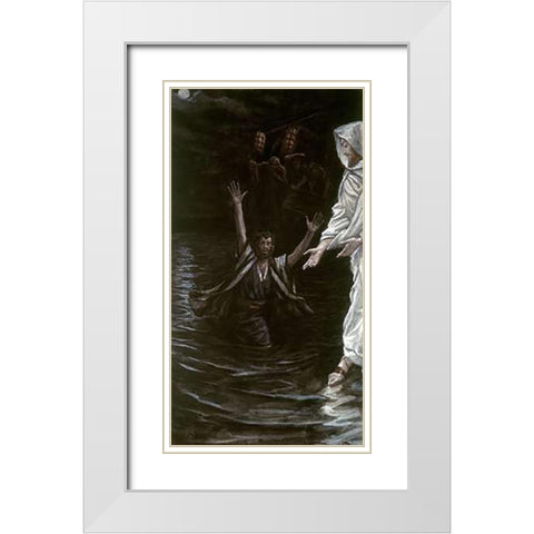 Peter Walks On The Sea White Modern Wood Framed Art Print with Double Matting by Tissot, James