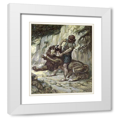 Samson Kills a Young Lion White Modern Wood Framed Art Print with Double Matting by Tissot, James