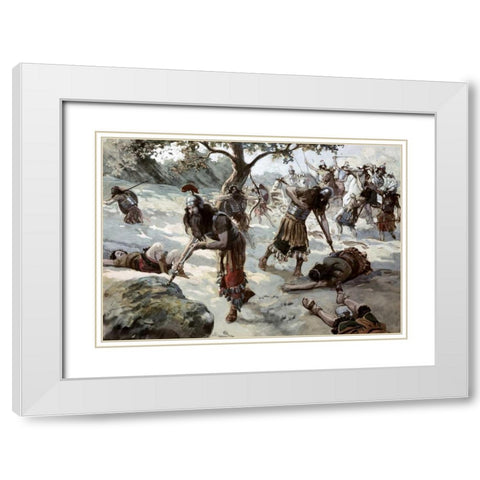 Saul Falls Upon His Sword White Modern Wood Framed Art Print with Double Matting by Tissot, James Jacques