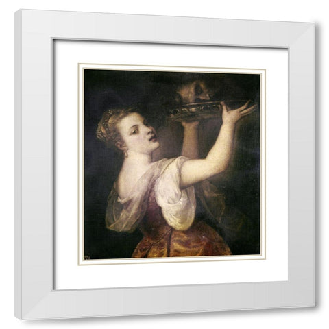 Salome With The Head of John The Baptist White Modern Wood Framed Art Print with Double Matting by Titian