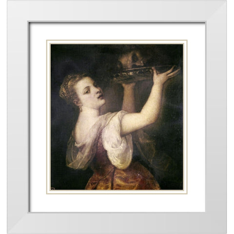 Salome With The Head of John The Baptist White Modern Wood Framed Art Print with Double Matting by Titian