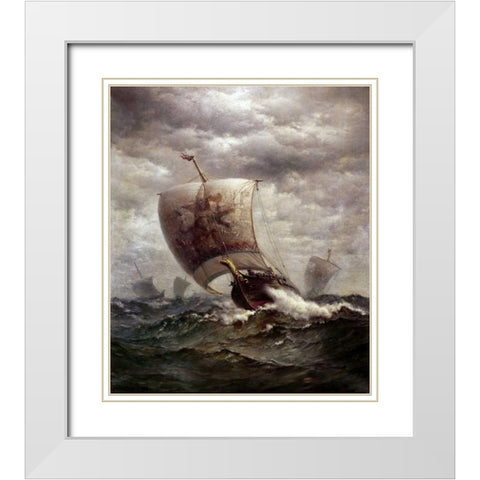 Viking Ships at Sea White Modern Wood Framed Art Print with Double Matting by Tyler, James Gale
