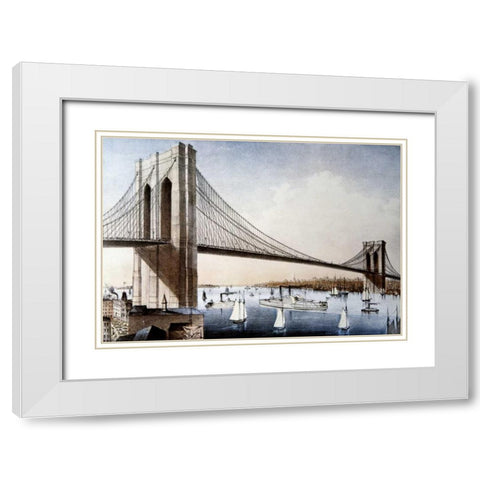 Brooklyn Bridge, New York City White Modern Wood Framed Art Print with Double Matting by Unknown