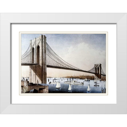 Brooklyn Bridge, New York City White Modern Wood Framed Art Print with Double Matting by Unknown