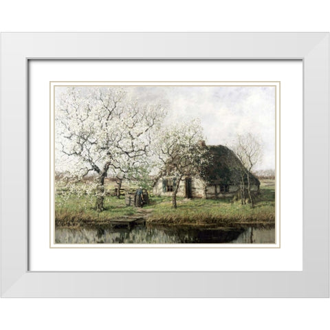Cottage By The River White Modern Wood Framed Art Print with Double Matting by Unknown