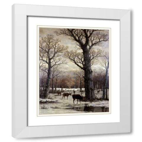 Deer Foraging, Winter White Modern Wood Framed Art Print with Double Matting by Unknown