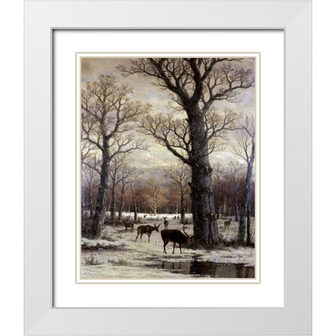 Deer Foraging, Winter White Modern Wood Framed Art Print with Double Matting by Unknown