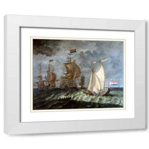 Tall Ships, Full Sail White Modern Wood Framed Art Print with Double Matting by Unknown