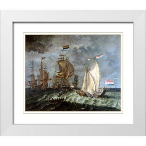 Tall Ships, Full Sail White Modern Wood Framed Art Print with Double Matting by Unknown