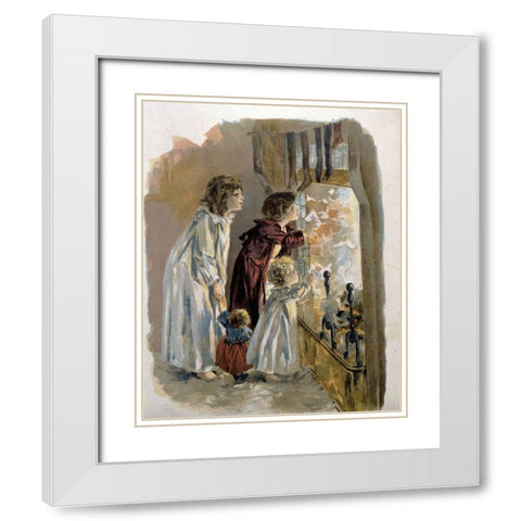 Three Children By Fireplace White Modern Wood Framed Art Print with Double Matting by Unknown