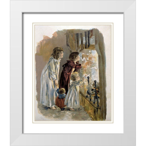 Three Children By Fireplace White Modern Wood Framed Art Print with Double Matting by Unknown