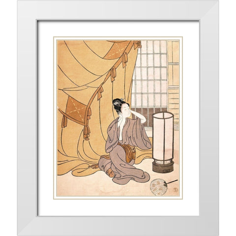 Woman Primping White Modern Wood Framed Art Print with Double Matting by Unknown