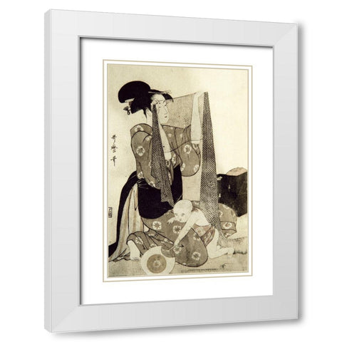 Mother and Child White Modern Wood Framed Art Print with Double Matting by Utamaro, Kitagawa