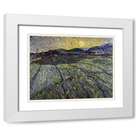 Enclosed Field with Rising Sun, Saint-Remy White Modern Wood Framed Art Print with Double Matting by Van Gogh, Vincent