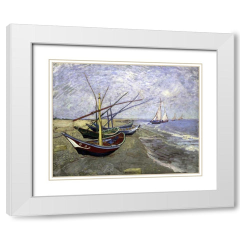 Fishing Boats On The Beachat Saintes-Maries White Modern Wood Framed Art Print with Double Matting by Van Gogh, Vincent