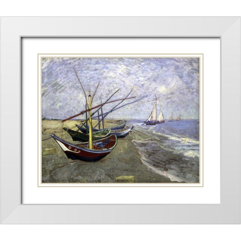 Fishing Boats On The Beachat Saintes-Maries White Modern Wood Framed Art Print with Double Matting by Van Gogh, Vincent