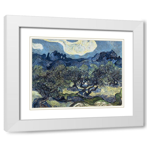 Olive Trees With The Alpilles In The Background,Saint-Remy White Modern Wood Framed Art Print with Double Matting by Van Gogh, Vincent