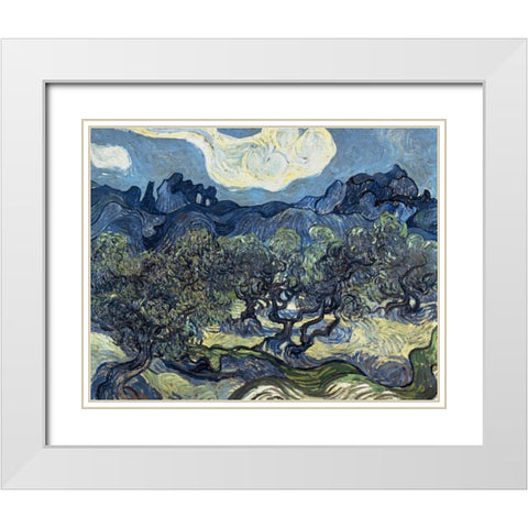 Olive Trees With The Alpilles In The Background,Saint-Remy White Modern Wood Framed Art Print with Double Matting by Van Gogh, Vincent
