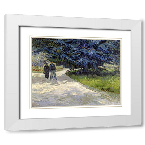 Public Garden with Couple and Blue Fir Tree White Modern Wood Framed Art Print with Double Matting by Van Gogh, Vincent