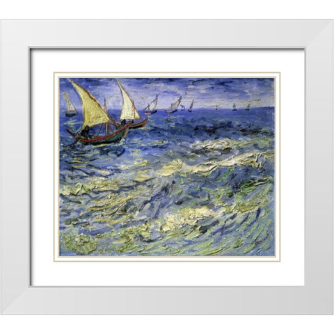 Seascape at Saintes-Maries-De-La-Mer White Modern Wood Framed Art Print with Double Matting by Van Gogh, Vincent