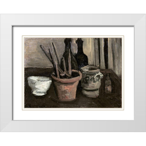 Still Life with Paintbrushes in a Pot White Modern Wood Framed Art Print with Double Matting by Van Gogh, Vincent