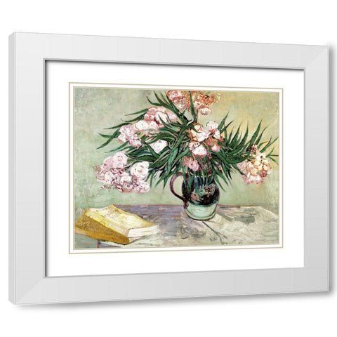 Still Life: Vase with Oleanders and Books White Modern Wood Framed Art Print with Double Matting by Van Gogh, Vincent