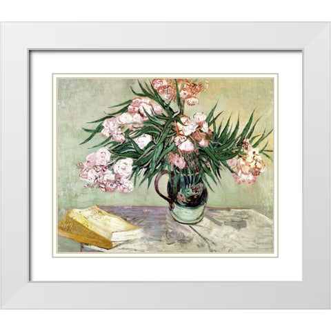 Still Life: Vase with Oleanders and Books White Modern Wood Framed Art Print with Double Matting by Van Gogh, Vincent