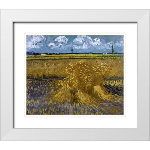 Wheat Field with Sheaves White Modern Wood Framed Art Print with Double Matting by Van Gogh, Vincent