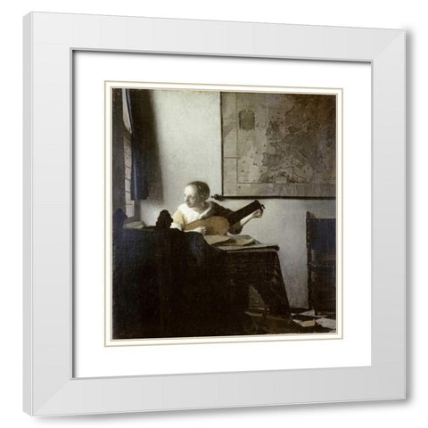 The Lute Player White Modern Wood Framed Art Print with Double Matting by Vermeer, Johannes