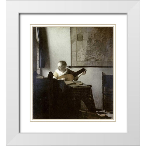 The Lute Player White Modern Wood Framed Art Print with Double Matting by Vermeer, Johannes