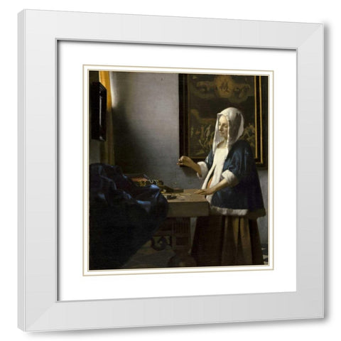 Woman Holding a Balance White Modern Wood Framed Art Print with Double Matting by Vermeer, Johannes
