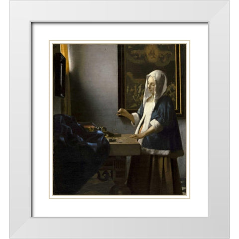 Woman Holding a Balance White Modern Wood Framed Art Print with Double Matting by Vermeer, Johannes