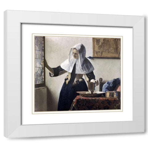 Woman with a Water Jug - Detail White Modern Wood Framed Art Print with Double Matting by Vermeer, Johannes