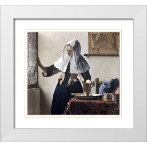 Woman with a Water Jug - Detail White Modern Wood Framed Art Print with Double Matting by Vermeer, Johannes