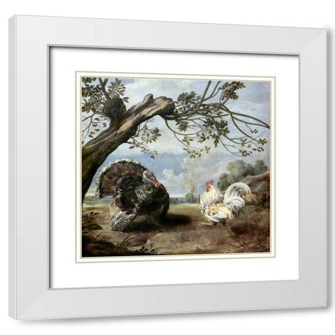 Cock and Turkey White Modern Wood Framed Art Print with Double Matting by De Vos, Paul