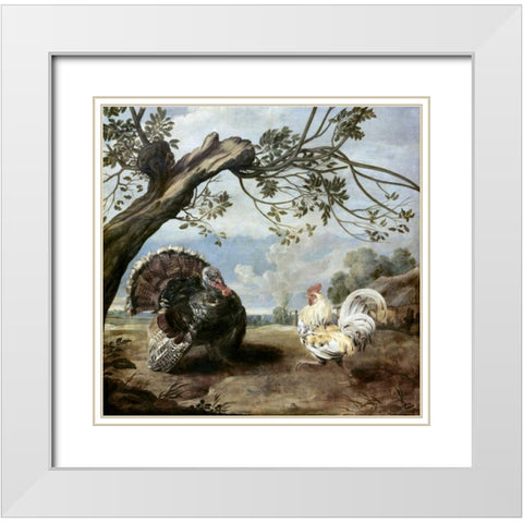 Cock and Turkey White Modern Wood Framed Art Print with Double Matting by De Vos, Paul