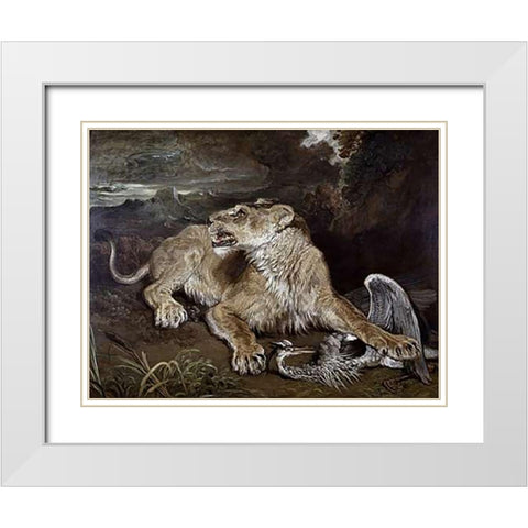 A Lioness and a Heron White Modern Wood Framed Art Print with Double Matting by Ward, James