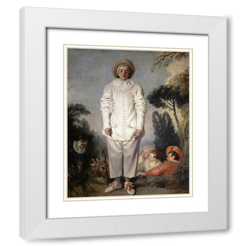 Pierrot, Also Known As Gilles White Modern Wood Framed Art Print with Double Matting by Watteau, Jean-Antoine