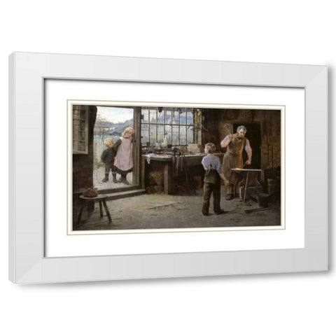 His First Day at Work - Child Apprentice with Blacksmith White Modern Wood Framed Art Print with Double Matting by Bannerman, Hamlet