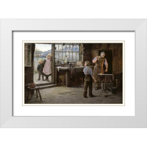 His First Day at Work - Child Apprentice with Blacksmith White Modern Wood Framed Art Print with Double Matting by Bannerman, Hamlet