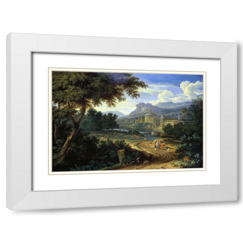 Italian River Landscape with Herdsman and Cattle White Modern Wood Framed Art Print with Double Matting by Boudewyns