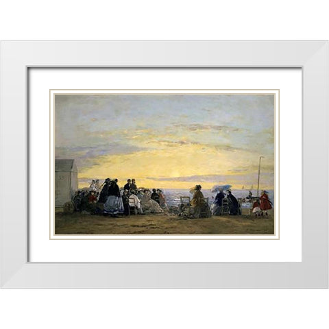 On the Beach, Sunset White Modern Wood Framed Art Print with Double Matting by Boudin, Eugene