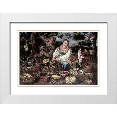 A Fruit Cuisine and Vegetable Cuisine Stall in an Orchard White Modern Wood Framed Art Print with Double Matting by Campi, Vincenzo