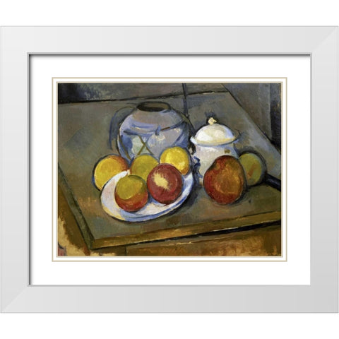 Flawed Vase, Sugar Bowl and Apples White Modern Wood Framed Art Print with Double Matting by Cezanne, Paul